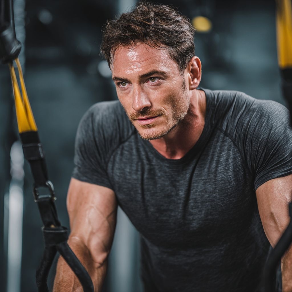 Athletic man performing functional training exercises with focus and determination in a modern gym setting