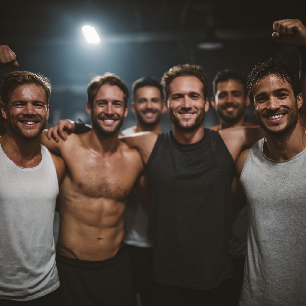 Group of confident men in athletic wear celebrating achievement after completing a challenging workout session